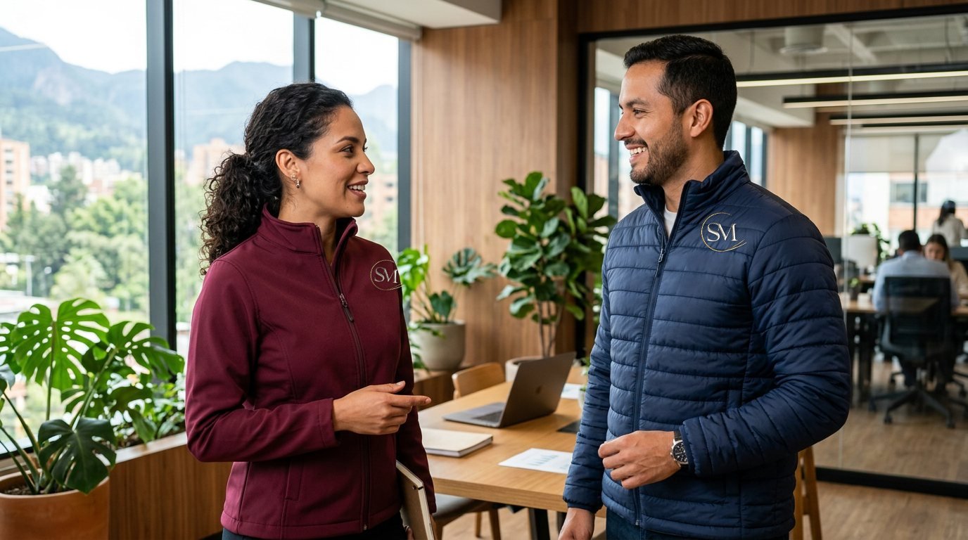 Chaqueta softshell vino y chaqueta acolchada azul con el monograma SM bordado