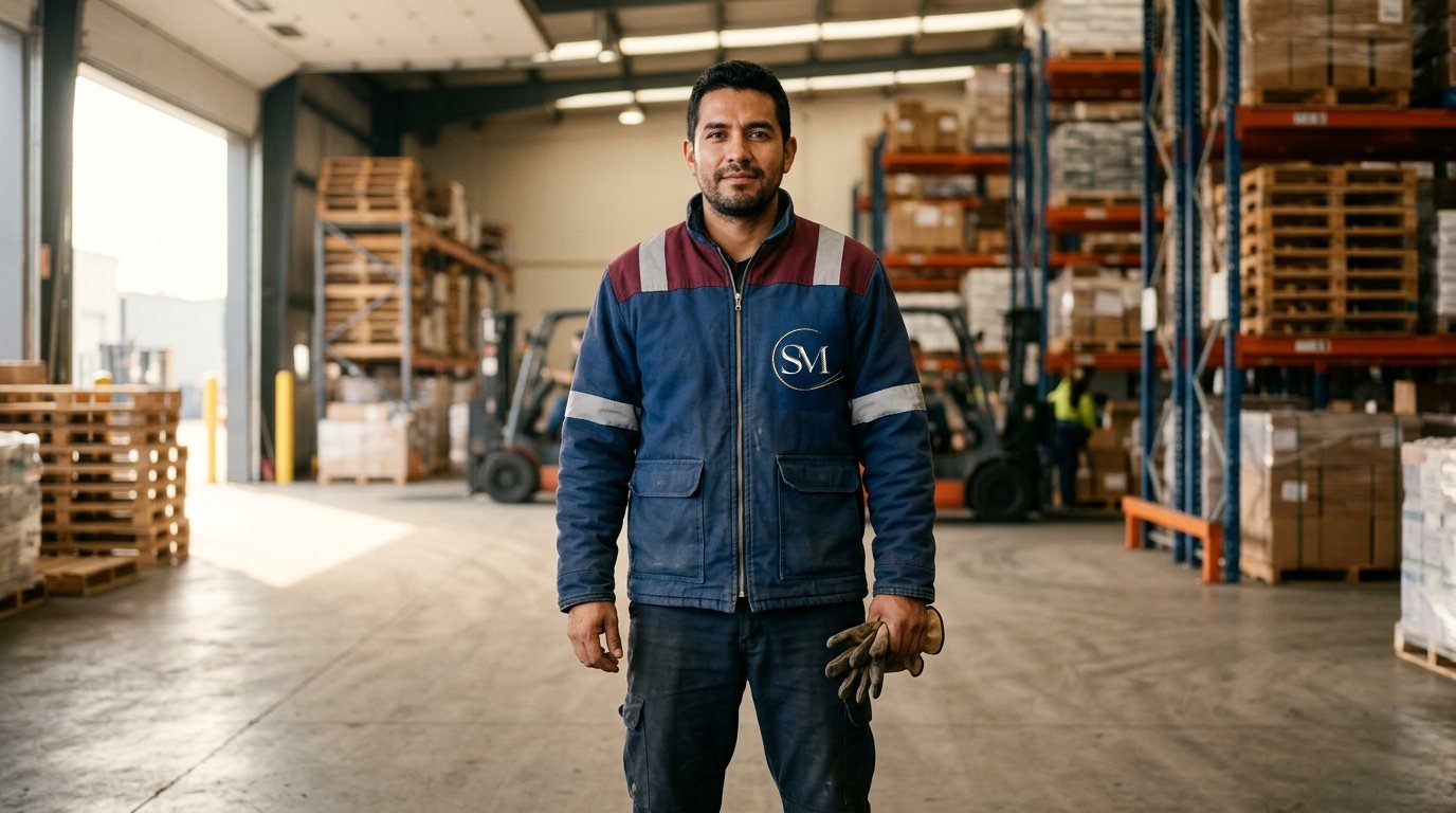 Operario con chaqueta industrial azul, hombros vino y cintas reflectivas, con el monograma SM bordado