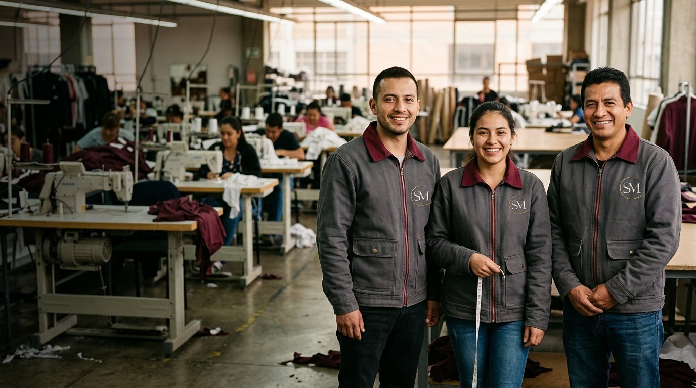 Equipo de confección de SM con chaquetas de trabajo gris carbón y cuello vino, bordadas con el monograma SM